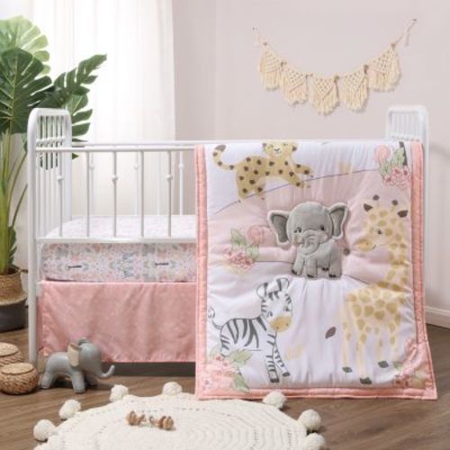 Pink and Grey Wildest Dreams Crib Bedding Set for Baby Girls, 3 Piece Nursery Set