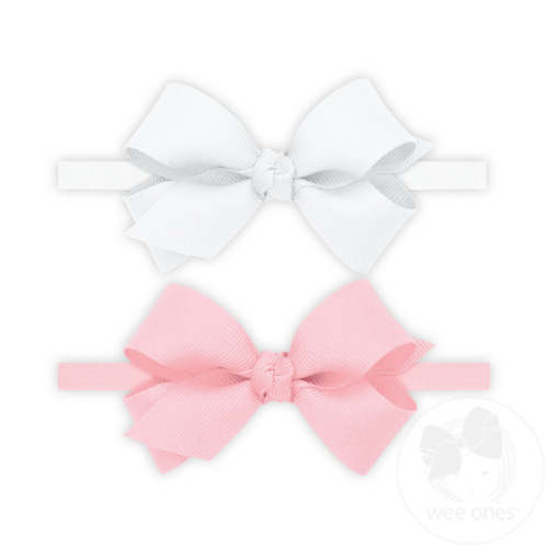Two Mini Grosgrain Hair bows with Knot Wrap on Matching skinny Nylon Bands - WHT/LPK | Wee Ones Hair Bows & Accessories