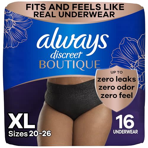 Always Discreet Boutique Incontinence and Postpartum Underwear for Women, Maximum Protection, XL, Black, 16 Count