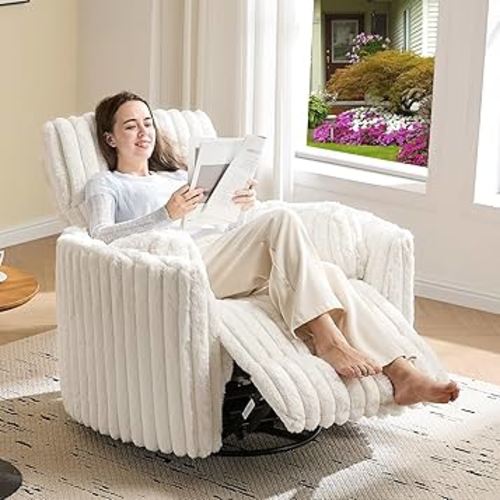Jocisland Power Recliner Nursery Chair for Adults, Electric Swivel Rocking Glider with USB & Type-C Charge, Plush Corduroy Armchair with 2 Pillows, Cozy Reclining Sofa for Living Room, Bedroom, Cream