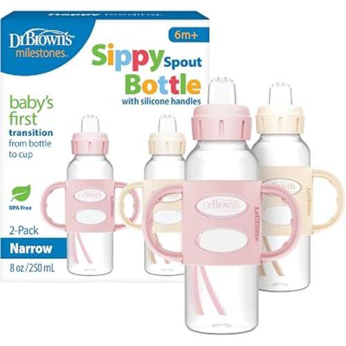 Dr. Brown's Narrow Sippy Spout Bottle with Handles, Pink & Ecru, 2-Pack