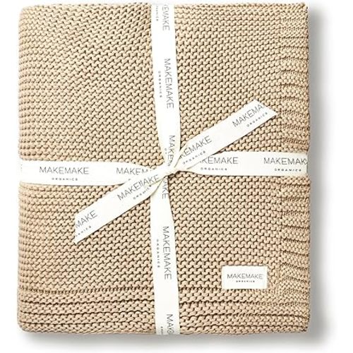 MakeMake Organics Organic Cotton Throw Blanket GOTS Certified Organic Knit Blanket Couch Bed Neutral Fall Colors Soft Cotton Throw Blanket Large (50x60, Sand)