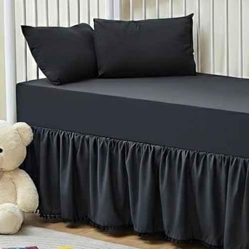 NSGZ Crib Bed Skirt Black Pompom Ruffled Dust Ruffle 28x52 Inch 14 Drop