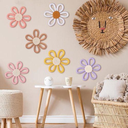 Zeyune 6 Pcs Boho Nursery Daisy Flower Wall Art Decor Woven Macrame Wall Pediments Boho Daisy Floral Nursery Art Decor for Home Bedroom Decorations(Colorful,Yarn and Cotton Rope)