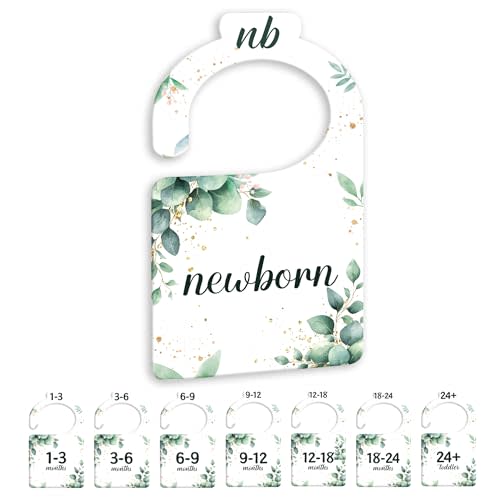 JMOST Eucalyptus Baby Closet Dividers for Nursery Closet Organizer, Newborn to 24 Months Size Clothes, Greenery Hangers with Size Dividers, Double Sided