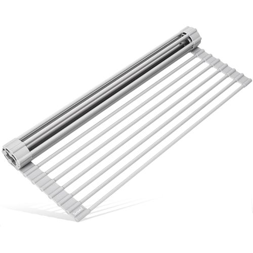 17.5 x 13.1 Inch Roll-Up Dish Drying Rack, Fits Across Sink Openings up to 16.5 Inches, Heavy-Duty Premium Silicone, Strong Support, Non-Slip, Heat-Resistant, Warm Gray