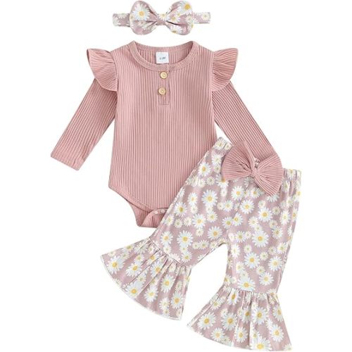 fhutpw Newborn Baby Girl Clothes Rib Frill Long Sleeve Romper Daisy Flared Pants Headband Set 3pcs Fall Winter Outfits