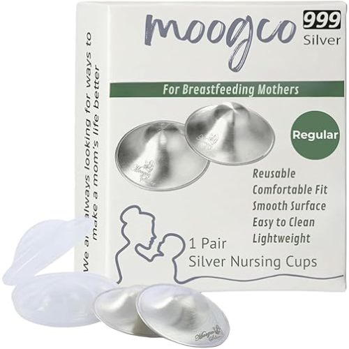 MOOGCO Silver Nursing Cups - 999k Pure Silver Nipple Shields for Breastfeeding - Chemical-Free Nipple Protection (Regular, Set of 2)