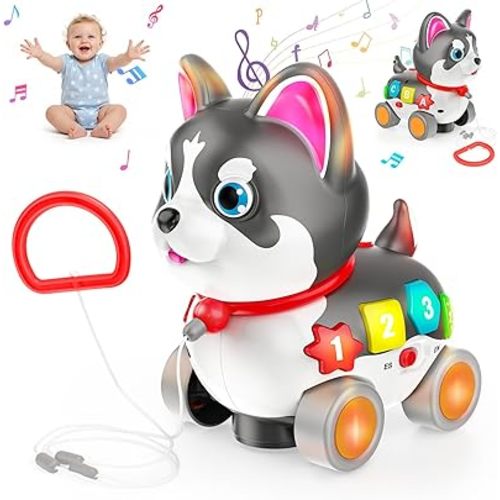 Musical Toys for 6 Month - 3 Year Old Boy Girl, Baby Toys Bilingual Educational with Music Light, Crawling & Walking Puppy for Birthday (Black)