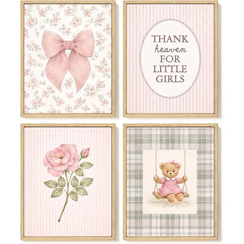 SkyCozy Girls Room Decor, Thank Heaven for Little Girls Wall Art Posters Set of 4, Pink Floral Bow Teddy Bear Nursery Prints, Vintage Baby Girl Nursery Decor for Bedroom Playroom, 8x10 Unframed