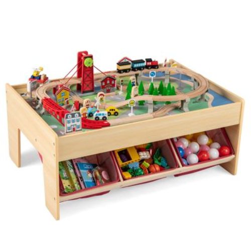 Costway 94 PCS Wooden Train Set Table w/Reversible Tabletops 3 Storage Bins Tracks Cars
