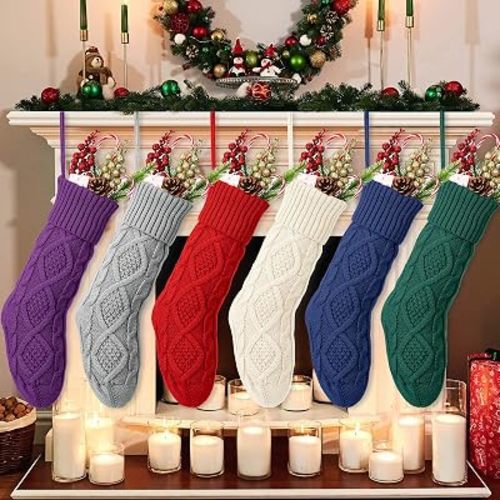 EBOOT 18 Inch Knitted Christmas Stockings Bulk Large Cable Knit Christmas Stockings Farmhouse Xmas Decorations Hanging Wall Fireplace Party Supplies(6 Pcs,White/Green/Red/Blue/Gray/Purple)