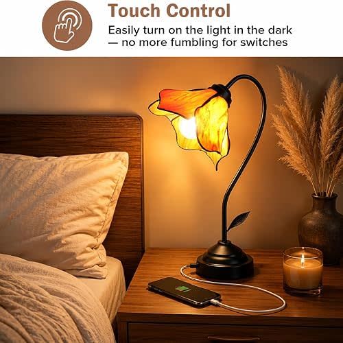 Stained Glass Table Lamp, Vintage Handmade Flower Glass Bedside Lamp, Touch Control, 3-Way Dimmable, USB-C & USB-A Charging Ports, LED Bulb Included for Bedroom, Living Room(Golden Amber)