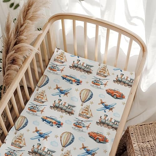 Cute Plane Train Ship Hot Air Balloon Vintage Car Transportation Vehicles Fitted Crib Sheet for Baby Girls Boys 28x52 Inch Breathable Fitted Crib Sheet Fits Standard Cribs and Toddler