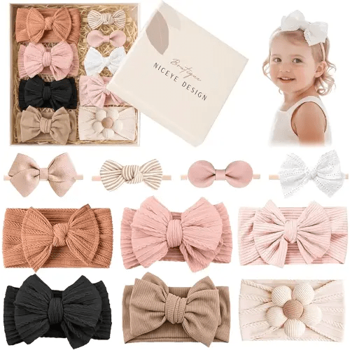 Niceye 10-Style Baby Girl Bows & Headbands Set-Newborn Hair Accessories Gift Box Soft Nylon Non-Slip Bows for Infants 0-24 Months