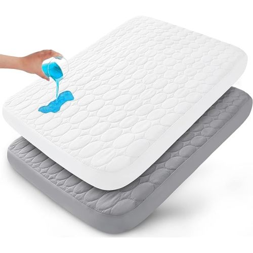Pack and Play Sheets Fitted Quilted Waterproof Protector, 2 Pack Playard Mattress Pad Compatible with Graco Pack n Play, Mattress Cover fits for Baby Playpen Mattress, Mini Crib, Gray & White
