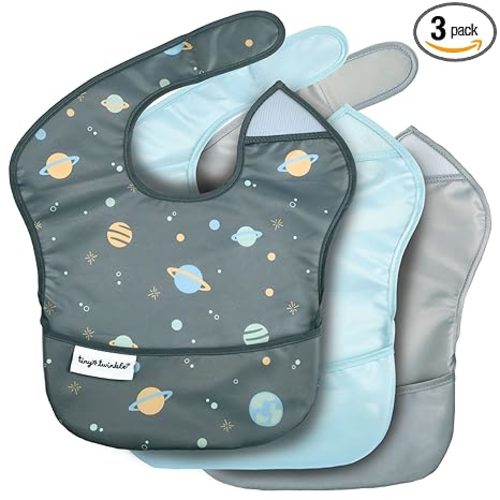 Tiny Twinkle Mess-Proof Baby Bibs for Eating | Waterproof, Wipeable Toddler Bibs with Catch-All Pocket | Feeding Bibs for Girls & Boys(3 Pack, Space)