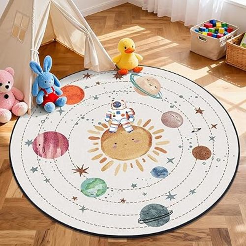 Solar System Planet Theme Carpets for Kids Bedrooms,5ft Non-Slip Space Round Rugs for Baby,Circle Area Rug for Boys Girls Playroom,Educational Crawling Rug for Classroom