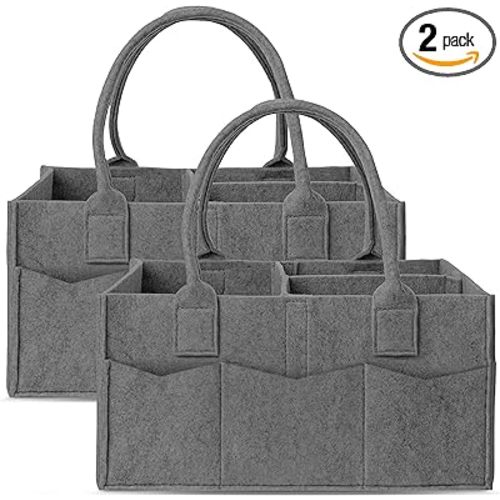 Cute Castle 2 Pack Diaper Caddy Organizer - Portable Baby Caddy Organizer with Handle, Nursery Storage Bin and Car Organizer for Girls, Boys - Baby Gift Basket - Dark Grey