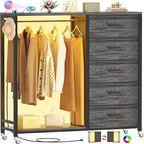 Cyclysio Dresser with Hanging Rack, 5 Fabric Drawers Dresser with Clothes Rack, Wooden Top Storage Chest of Drawers with Charging Station & LED Lights, Lockable Wheels