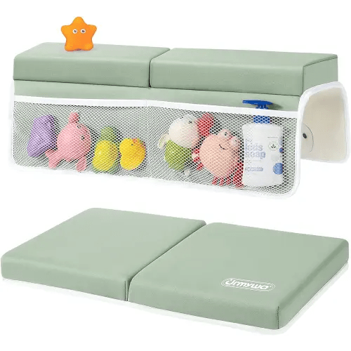 URMYWO Bath Kneeler and Elbow Rest Pad Set - 1.5" Thick Baby Bath Kneeler Pads with Toys Organizer, Anti-Slip Cozy Knee & Arm Support Bathtub Mat, Quick Dry Kneeling Pad for Baby Bath Time