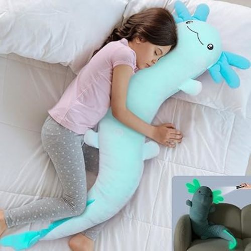 MaoGoLan Large Axolotl Plush Body Pillow,Big Salamander Plush Pillow Toy,XL Axolotl Stuffed Animal for Kids, Salamander Plushies Glow in The Dark, Christmas Valentine Birthday Gifts Blue