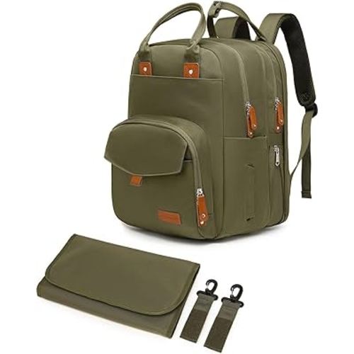 Large Diaper Bag Backpack for Two Kids Twins - Expandable Baby Bag (26-36L), Dual Big Compartments - Includes Changing Pad & Stroller Straps, Unisex Green