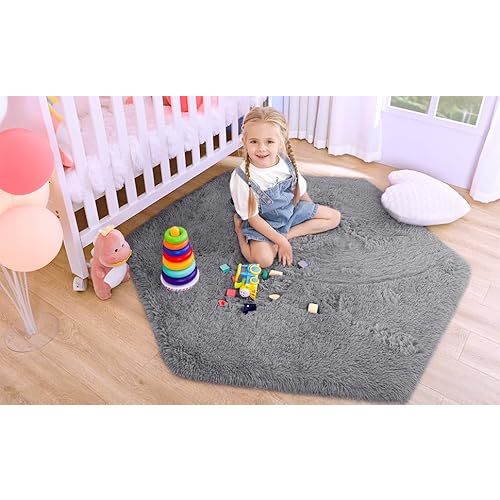 junovo Ultra Soft Rug for Nursery Children Room Baby Room Home Decor Dormitory Hexagon Carpet for Playhouse Princess Tent Kids Play Castle, Diameter 4.6 ft, Grey