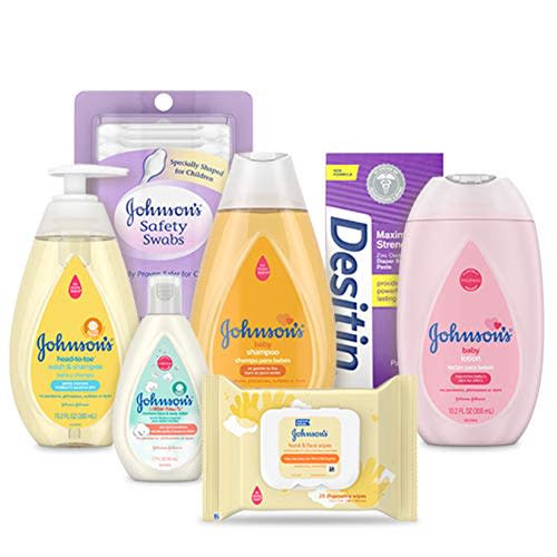 Johnson's Bath Discovery Gift Set for Parents-to-Be, Caddy with Baby Bath Time & Skin Care Essentials, Includes Baby Wash, Shampoo, Wipes, Lotion & Diaper Rash Cream, 7 Items