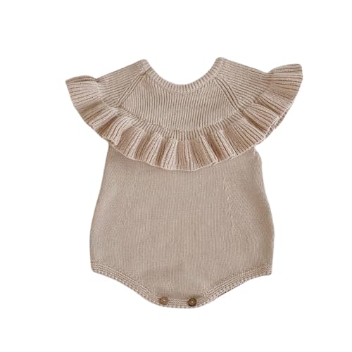 Kiddie Kave Knitted Baby Girl Romper, Sleeveless Sweater Bodysuit, Ruffled Jumpsuit, Beige