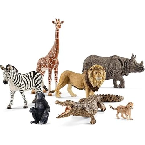 Schleich Wild Life - 7PC Savannah Animal Toy Bundle - Safari Toy Set with Rhino, Crocodile, Cheetah Cub, Monkey, Elephant, Zebra, Giraffe, Lion Figurines - Educational Play for Kids 3+ | 77587