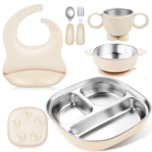 Stainless Steel Kids Plates and Bowls, 6 Pcs Baby Tableware Set Contain Deep-Divide Toddler Plates, Bowls, Cup, Utensils & Bib – BPA-Free 304 Steel + Silicone Suction – Dishwasher Safe