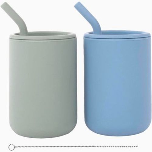 WeeSprout Silicone Baby Cups With Straws and Lids, 4 & 8 oz Options, Set of 2, Food Grade Toddler Training Container, Built In Straw Stoppers