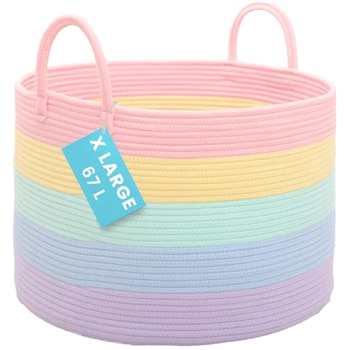 OrganiHaus Rainbow Blanket Basket for Classroom & Nursery, Extra Large Woven Laundry Basket W/Handles, Kids Toy Organizer & Storage, Soft Round Dog Toy Storage Bin, Cute Bin - 20"x13" in