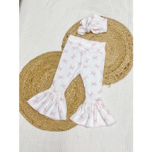 Pink bows  baby girl belle bottoms matching headband set, birthday pink bows themed outfit, boho girls outfit