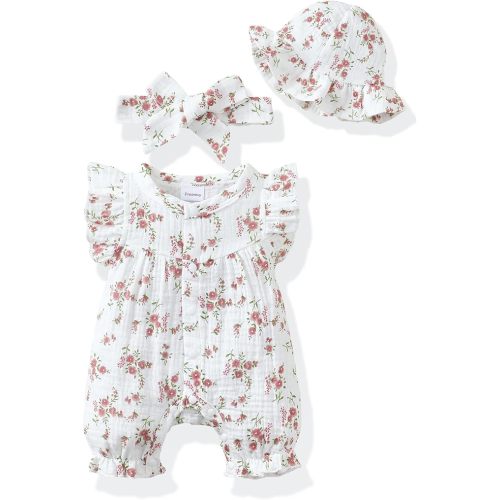 Renotemy Baby Girl Clothes Outfits Infant Summer Romper Cotton Linen Preemie Newborn Essentials Photography with Hat&Headband