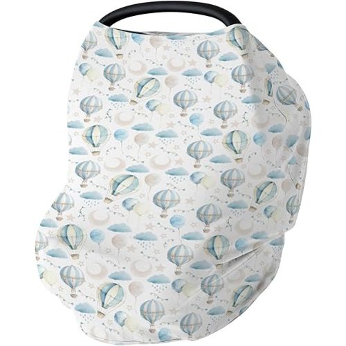 Neutral Blue Hot Air Balloons Baby Car Seats Covers Pastel Balloons Moon Stars Clouds Stretchy 5-in-1 Cover Adjustable Car Canopy Breastfeeding Cover Boho Sky Breathable Nursing Cover-Up