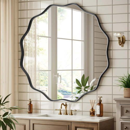 BEAUTYPEAK 36" Wavy Round Bathroom Mirror Wall Decor with Deep Frame, Black