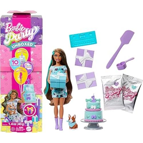 Barbie Party Unboxed Doll & Accessories, Pet Birthday Series Party Stars Set with 10 Surprises Including Color Change & Cake-Decorating Activity