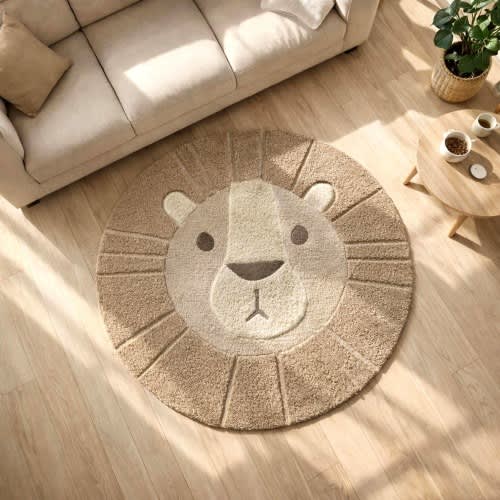 Handmade Lion Face Rug, Round Tufted Nursery Carpet, Safari Jungle Decor