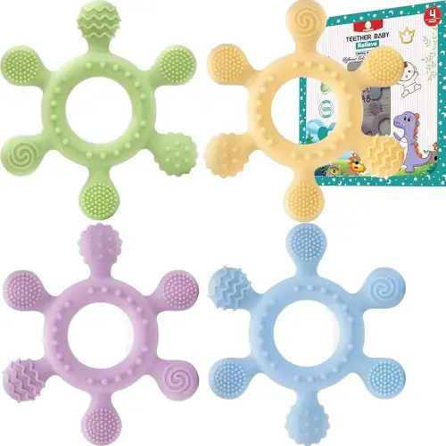 Rudder Teether 4 Pack | 6 Teeth Contact Points Silicone Teether Toy for Baby, Reaches Front, Back, and All New Teeth Types, Easy to Hold, BPA-Free