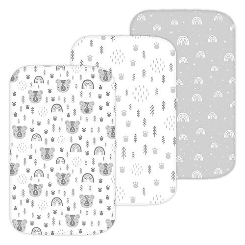 TansyPanda Bassinet Sheets for Bellababy, Besrey, AMKE, and Milliard Bedside Bassinet Sleeper, 3PC, 20 x 33 Inch, Ultra Soft, Breathable, Snug Fit, Unisex Boys, Girls, Gray White (Woodland Rainbow)