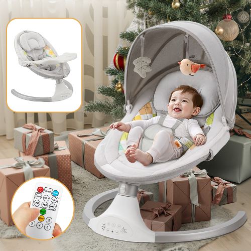 Baby Swing for Infants, Baby Rocker with Dinner Plate, 5 Swing Speeds, Adapter Battery Operated, Indoor Outdoor, Grey