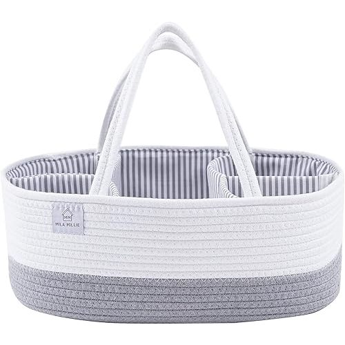 Mila Millie XXL Extra Large Cotton Rope Diaper Caddy, Storage Bin for Nursery Essentials, 100% Natural Cotton Eco-Friendly, Organizer with Removable Divider (White & Gray)