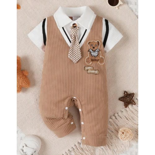 Newborn Baby Boy Gentleman Style Cute Bear Short Sleeve Jumpsuit, Suitable For 0-18 Months Boys Birthday Party