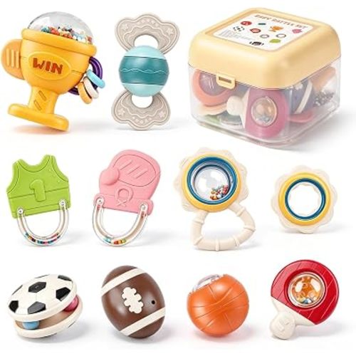 Joyreal Baby Toys 0-6 Months, 10PCS Baby Rattles Teething Toys 3-6 Months | BPA Free, Sensory Development, Easy Clean & Sterilize, Easy Grip, Teething Relief, Sports Theme, Storage Box, Baby Gift