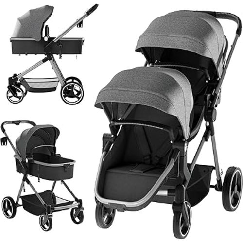 Double Stroller for Twins and Toddlers, Lightweight Aluminum Foldable Twin Stroller with Adjustable Backrest, Reversible Seat, 5-Point Harness, Storage Basket, Grey