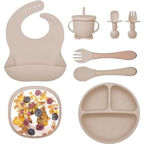 Silicone Baby Feeding Set, Baby Toddler Dish Set, Baby Led Weaning Supplies Set, Divided Plate, Suction Bowl, Bib, Spoon, Fork, Sippy Cup, BPA-Free, Easy to Clean