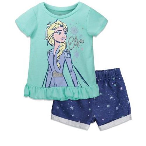 Disney Frozen Elsa Toddler Girls T-Shirt and French Terry Shorts Outfit Set Mint 5T