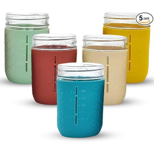 Silicone Mason Jar Sleeves | Anti-Slip Protectors for 8 oz Regular Mouth Ball & Kerr Jelly Canning Jars | Kids Cup Holders with Measurement Markings | Dishwasher Safe Jar Jackets - 5 Pack